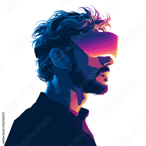 Stylized vector portrait of a cyberpunk man wearing futuristic virtual reality glasses
