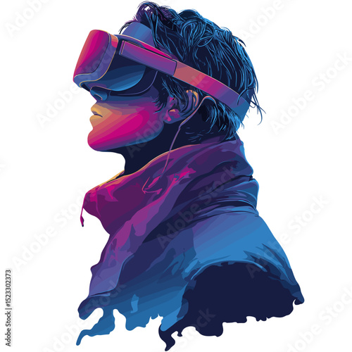 Stylized vector portrait of a cyberpunk character wearing virtual reality headset
