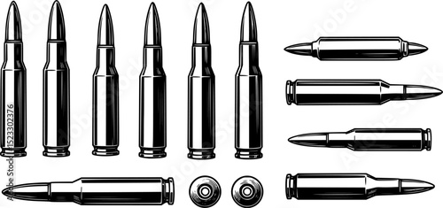Set of Illustrations of bullets and cartridges in vintage monochrome style. Design element for logo, label, sign, emblem, poster. Vector illustration	