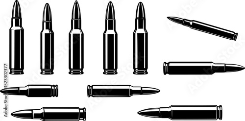 Set of Illustrations of bullets and cartridges in vintage monochrome style. Design element for logo, label, sign, emblem, poster. Vector illustration	