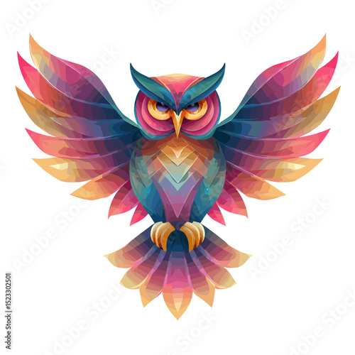 Vector illustration of stylized owl with colorful geometric feathers and wide open wings
