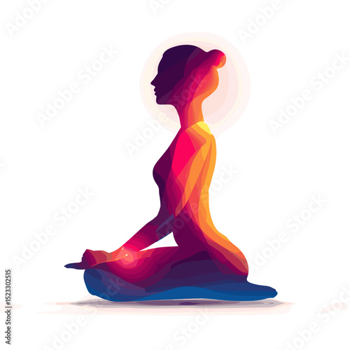 Vector illustration of woman in yoga pose with glowing colorful gradient, meditation concept
