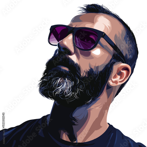 Vector portrait of bearded man wearing sunglasses looking up, bold modern illustration
