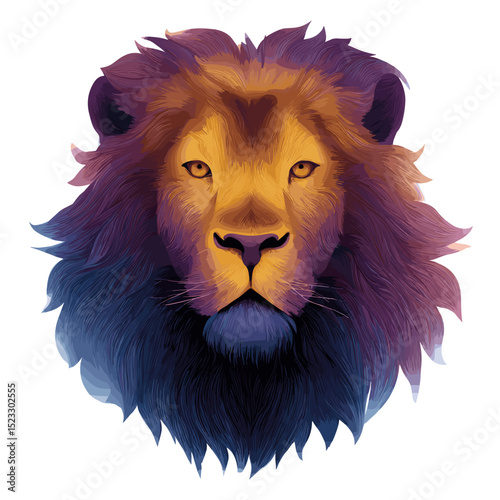 Vector portrait of stylized lion head with bold colorful gradient mane on transparent background.
