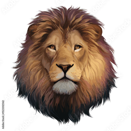 Vector portrait of majestic lion head facing forward with detailed mane on transparent background.

