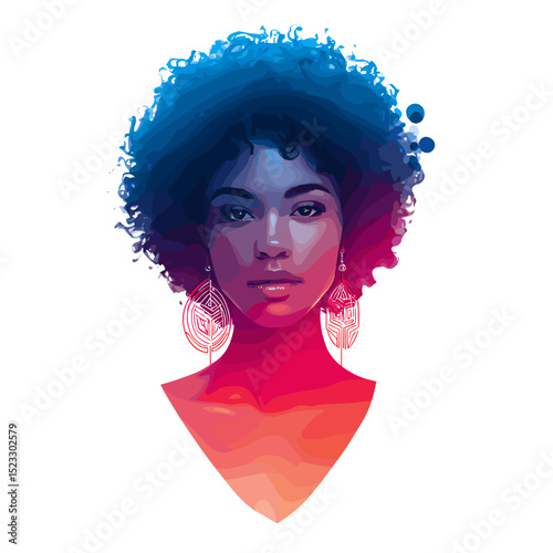 Vector portrait of woman with afro hairstyle, colorful gradient lighting, front view
