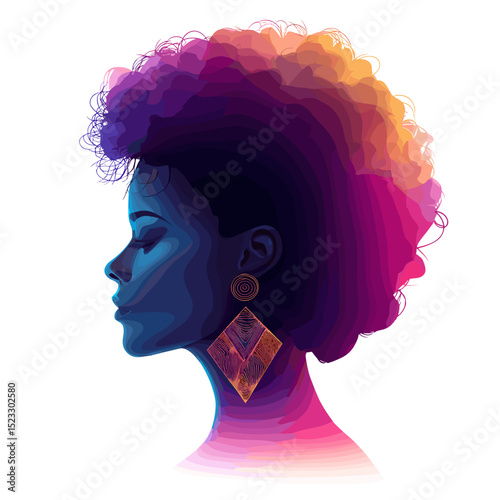 Vector portrait of woman with afro hairstyle and colorful gradient lighting, profile view
