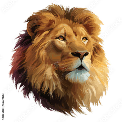 Vector portrait of majestic lion head with detailed golden mane on transparent background.

