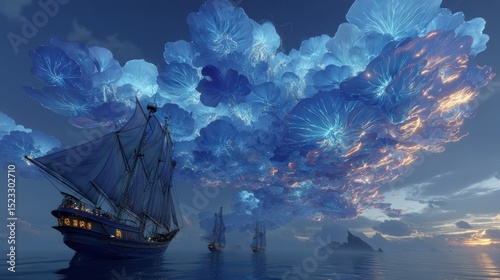 Fantasy Sailing Ships Under Bioluminescent Clouds