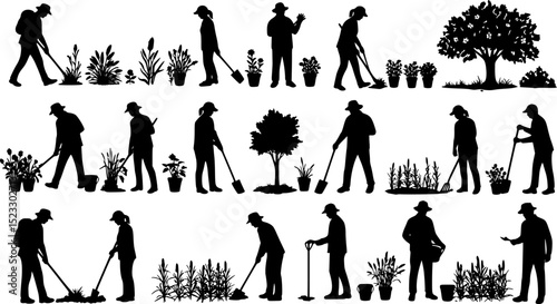 Gardening people set, spring -modern flat vector concept illustration of man doing hobby garden work -watering, planting, cutting, hoeing, arranging Spring gardening concept	