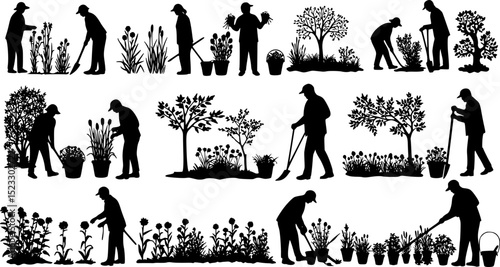 Gardening people set, spring -modern flat vector concept illustration of man doing hobby garden work -watering, planting, cutting, hoeing, arranging Spring gardening concept	