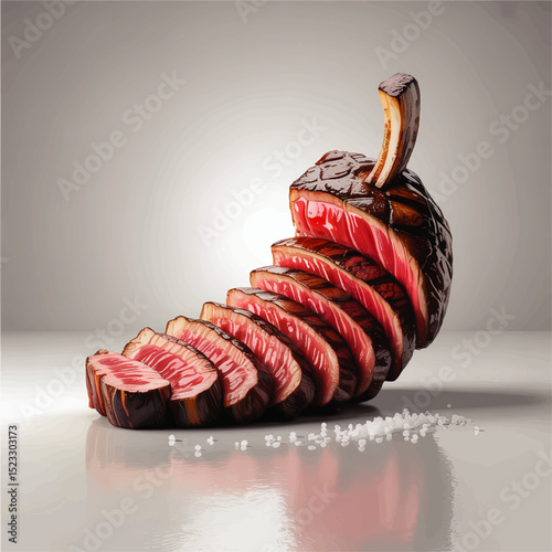 Artfully Sliced Medium Rare Tomahawk Steak with Bone, Realistic Illustration on Grey Studio Background with Sea Salt Crystals