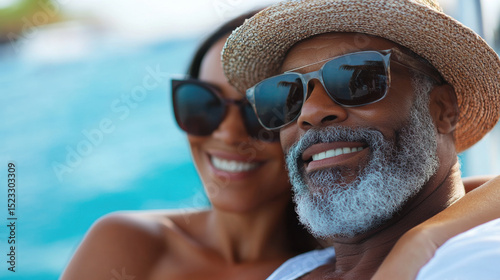 Smiling African American man and woman enjoying a carefree vacation. Straw hat and sunglasses. Retired couple.