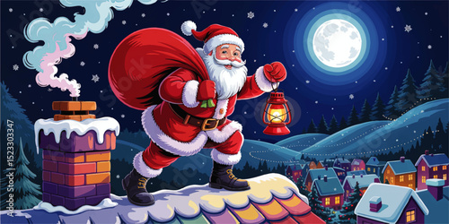 Santa Claus with Lantern on Snowy Rooftop Delivering Gifts on Christmas Eve Night, Full Moon Winter Village, Cartoon Illustration
