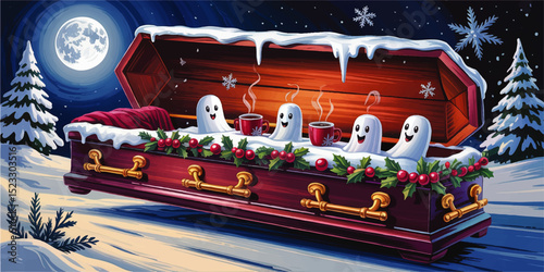 Whimsical Winter Scene with Cute Ghosts Sipping Hot Cocoa in a Coffin, Snowy Night, Full Moon, Festive Holiday Illustration