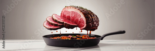 Juicy Sliced Roast Beef with Herbs Floating Above Skillet, Dripping Juices, Cooking Concept, Modern Kitchen Background