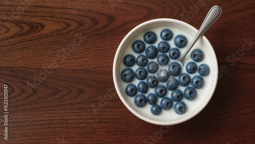 A bowl of blueberries in milk, sprinkled with sugar, arranged on a wooden table-top. Top-down photo. A light breakfast.