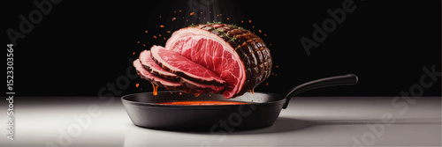 Juicy Sliced Roast Beef Hovering Over Cast Iron Skillet with Saucy Splash on Black Background – Gourmet Cooking Concept
