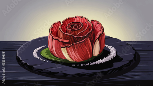 Elegant Vector Illustration of Gourmet Rose-Shaped Dish on Dark Plate with Artistic Lighting for Restaurant or Culinary Design