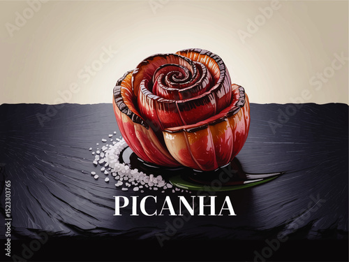 Gourmet Picanha Steak Art Shaped Like Rose on Slate Plate with Salt and Elegant Background for Restaurant Menu or Food Promotion