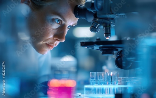 Female Scientist Using Microscope in Lab