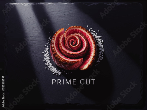 Gourmet Raw Beef Rose on Dark Slate Board with Sea Salt, Artistic Meat Presentation, Premium Culinary Concept for Restaurant and Food Branding