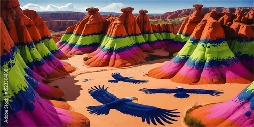 Surreal Painted Desert Landscape with Vibrant Striped Buttes and Soaring Blue Eagles Under Clear Sky – Colorful Fantasy Art Illustration