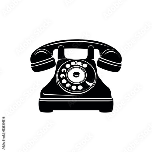 Flat black vector icon of an old rotary phone, retro vintage telephone silhouette
