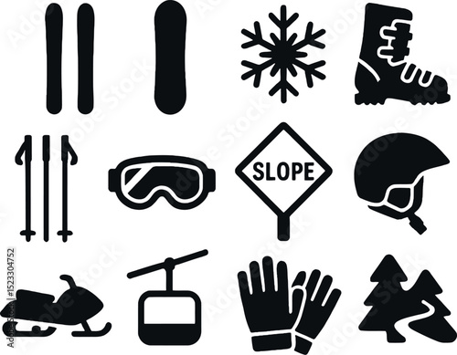 winter sports icon pack. ski, snowboard, snowmobile, helmet, boots, slope sign, gloves and goggles in black solid style.