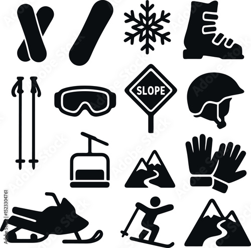 snow sports icon set. solid black icons for skier, mountains, snow trail, gloves, lift, boots and ski gear.