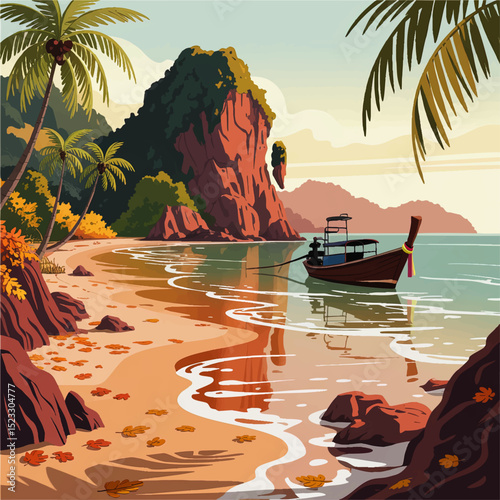Tropical Paradise Beach Landscape Illustration with Palm Trees, Rocky Cliffs, Traditional Boat, and Sunset Reflections