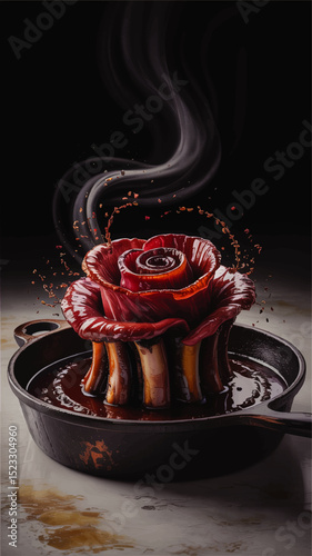 Gourmet Culinary Art: Smoky Red Onion Rose in Cast Iron Skillet with Sauce Splash on Marble Table – Creative Food Photography