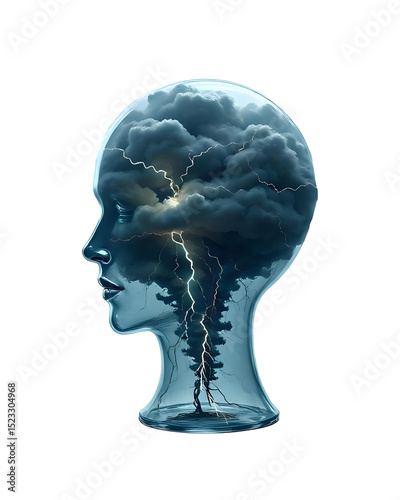 A Surreal Illustration of a Human Head Made of Cracked Glass, Conceptual Art, for Mental Health Topics, Isolated on Transparent