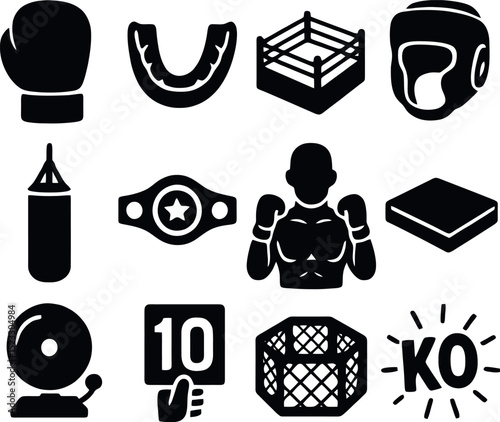 combat sports icon pack. bold symbols of boxing, gloves, ring, KO, fighter, scorecard, MMA cage and belt.