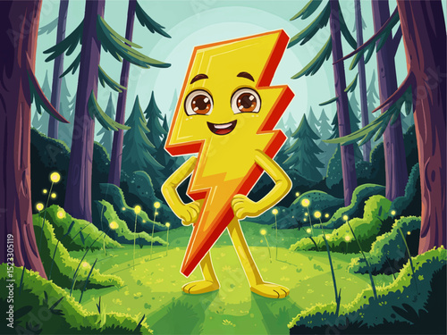 Cheerful Cartoon Lightning Bolt Mascot Standing in Lush Green Forest, Cute Character Illustration for Kids, Nature and Energy Theme