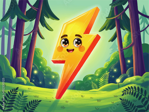 Cute Cartoon Lightning Bolt Character with Happy Face in Magical Forest, Whimsical Children’s Illustration with Bright Colors