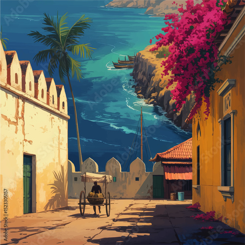 Vibrant Coastal Village Street with Ocean View, Colorful Bougainvillea, Palm Tree, and Rickshaw in Tropical Summer Light – Digital Art Illustration