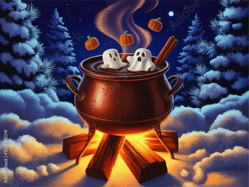 Whimsical Halloween Hot Chocolate Cauldron with Ghost Marshmallows, Pumpkins, and Winter Forest Under Moonlight
