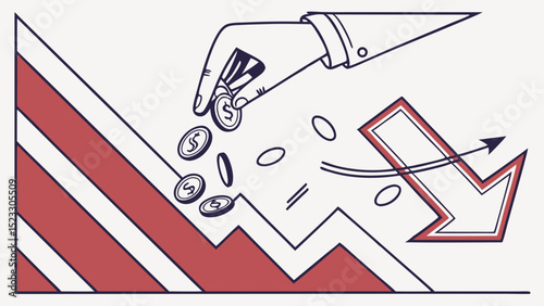 Hand Dropping Coins onto a Decreasing Financial Graph