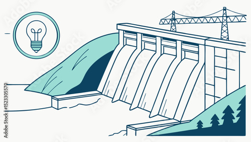 Handdrawn illustration of a hydroelectric dam with a lightbulb symbol