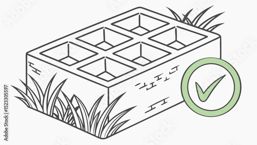 Hollow Concrete Block with Grass and Green Check Mark Icon