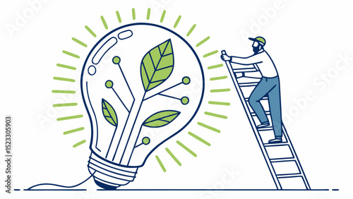 Man Climbing Ladder to Green Energy Lightbulb with Leaves