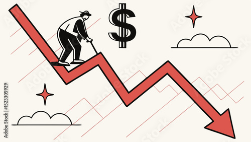 Man on Declining Arrow with Dollar Sign Cloud and Stars