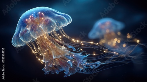 Luminous jellyfish drifting in a deep sea, bioluminescent marine life