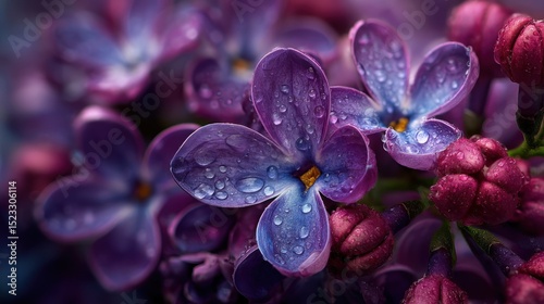 Detailed capture of vibrant purple lilac blossoms with water droplets