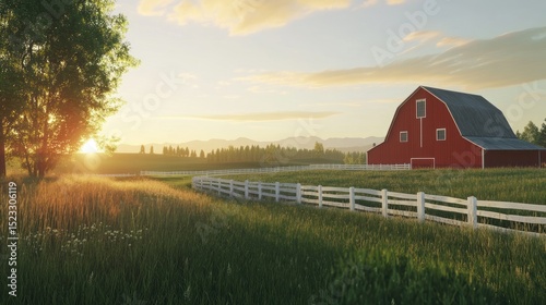 A picturesque sunset illuminates a red barn nestled in a verdant field, bordered by a white picket fence, with a large tree and distant mountains adding depth to the idyllic rural scene