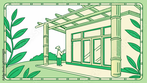 Person Admiring Modern BambooStyle House with Pergola
