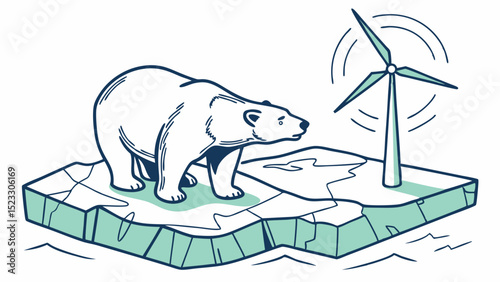 Polar Bear on Melting Ice Floe with Wind Turbine (1)