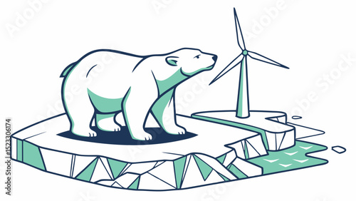 Polar Bear on Melting Ice Floe with Wind Turbine