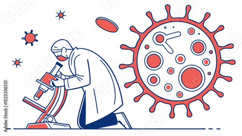 Scientist examining virus under microscope in lab line art illustration